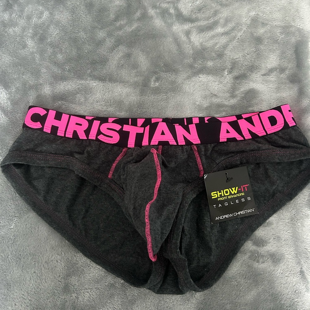 Andrew Christian Charcoal Briefs with Hot Pink Waistband